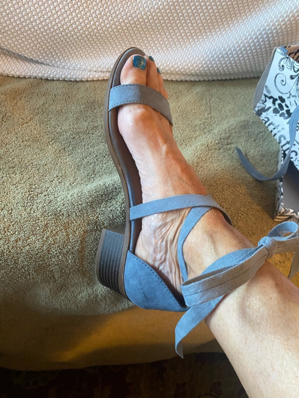 Fun Light Blue Faux Suede Tie-Strap Block Heel Sandals